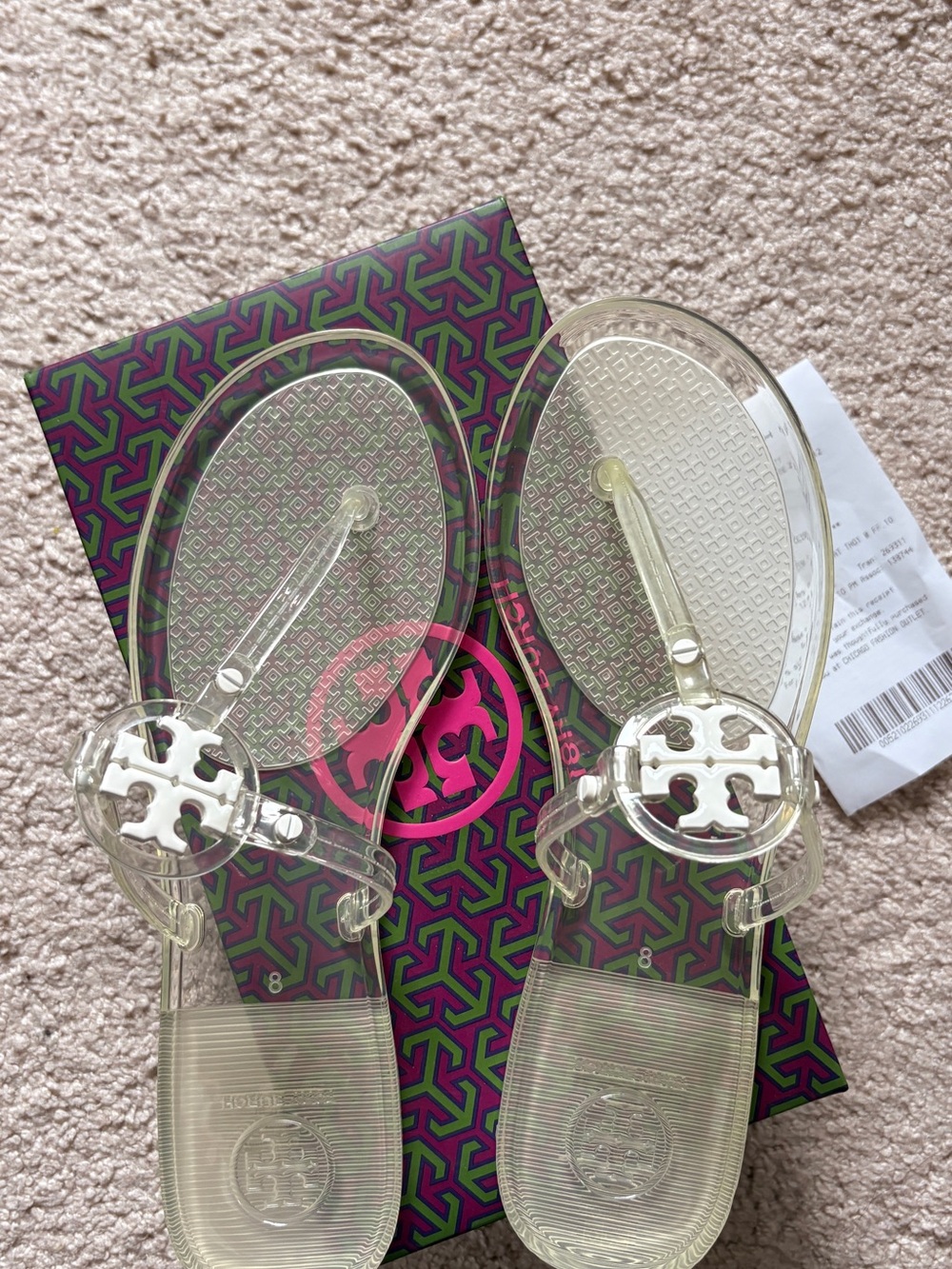 Tory Burch Transparent Jelly Sandals with Logo Medallion - Clear sizs 8